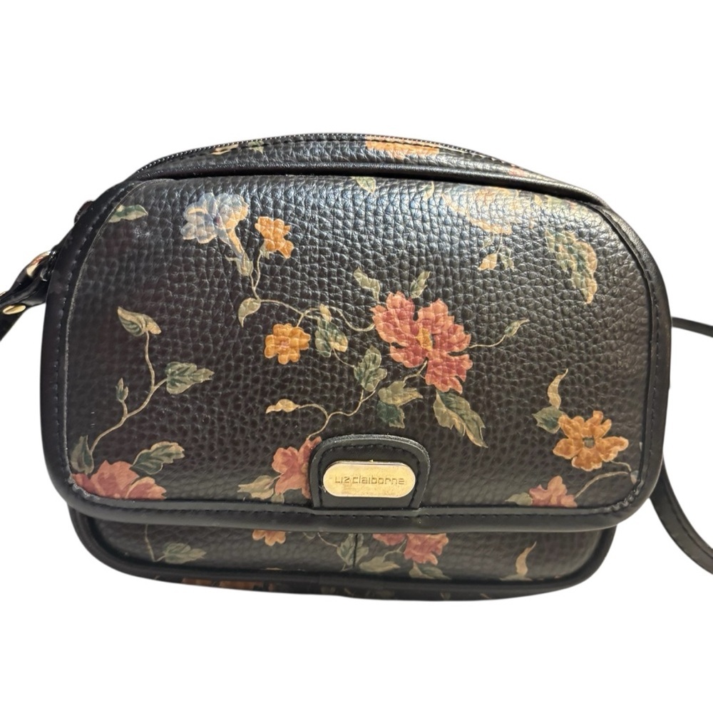 Liz Claiborne Crossbody Bag Black Floral Pink Green Faux Leather Gold Hardware